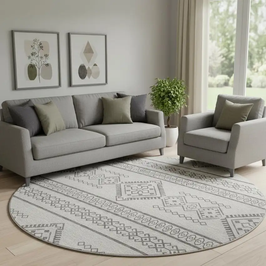 8' Beige And Taupe Southwestern Washable Round Rug With UV Protection Photo 1