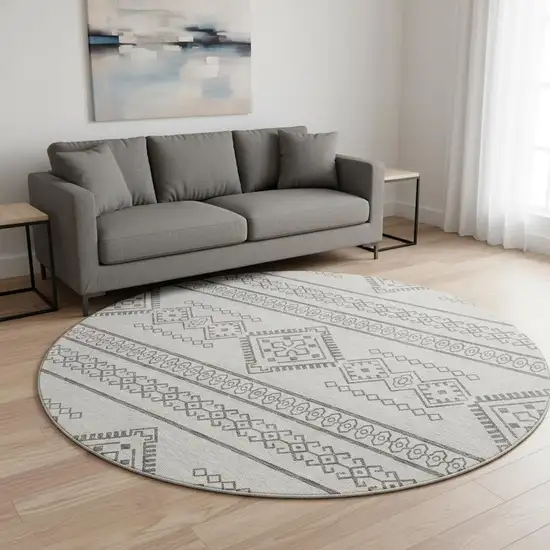 8' Beige And Taupe Southwestern Washable Round Rug With UV Protection Photo 2