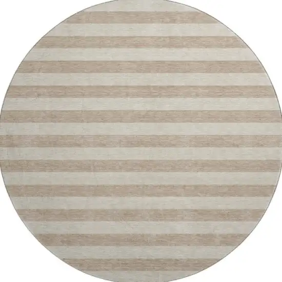 8' Beige And Taupe Striped Washable Round Rug With UV Protection Photo 4