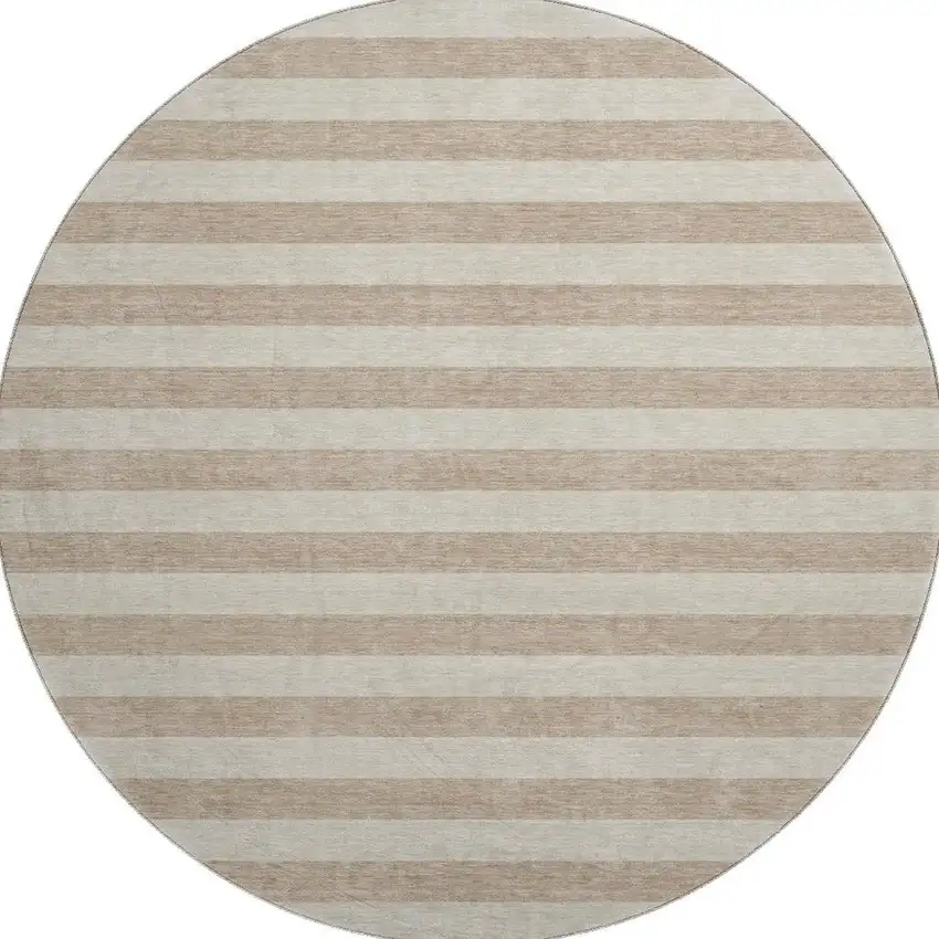 8' Beige And Taupe Striped Washable Round Rug With UV Protection Photo 4