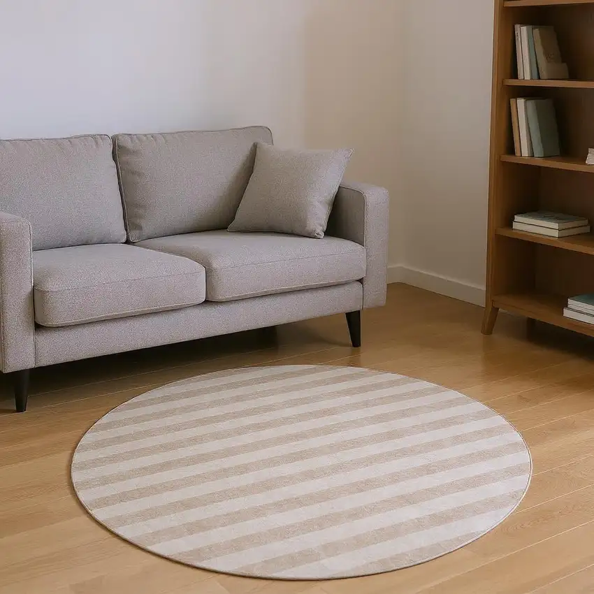 8' Beige And Taupe Striped Washable Round Rug With UV Protection Photo 2