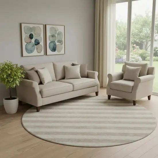 8' Beige And Taupe Striped Washable Round Rug With UV Protection Photo 1