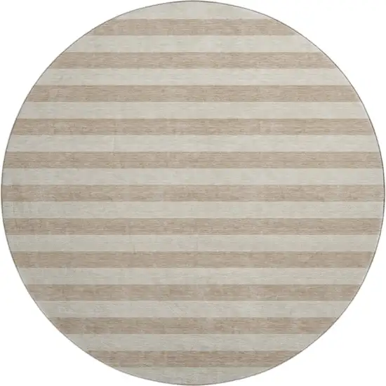 8' Beige And Taupe Striped Washable Round Rug With UV Protection Photo 1