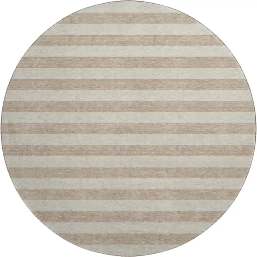 8' Beige And Taupe Striped Washable Round Rug With UV Protection Photo 1