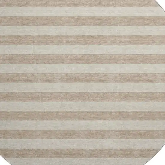 8' Beige And Taupe Striped Washable Round Rug With UV Protection Photo 3