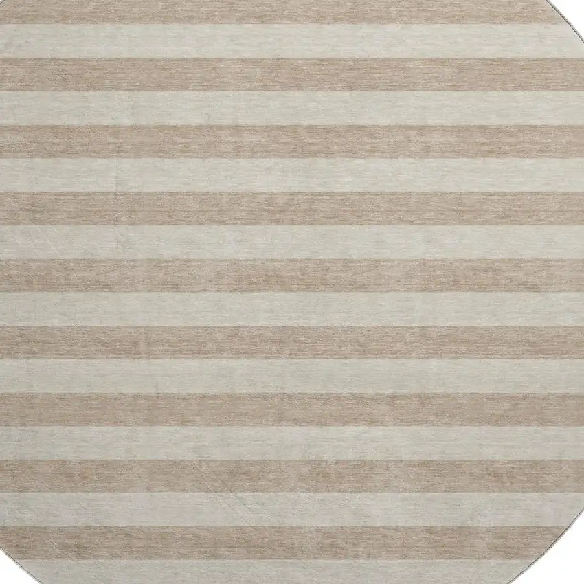 8' Beige And Taupe Striped Washable Round Rug With UV Protection Photo 3