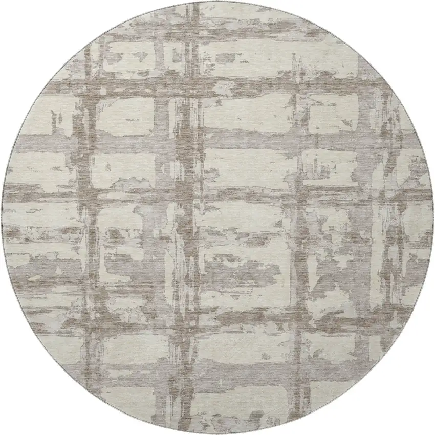 8' Beige And Taupe Striped Washable Round Rug With UV Protection Photo 4
