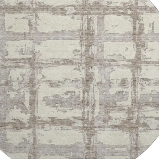 8' Beige And Taupe Striped Washable Round Rug With UV Protection Photo 3