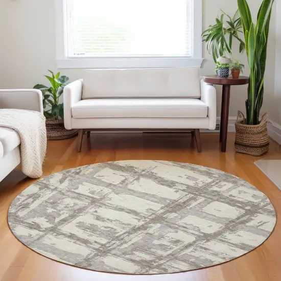 8' Beige And Taupe Striped Washable Round Rug With UV Protection Photo 5