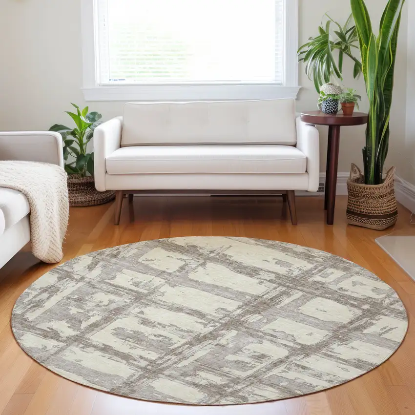 8' Beige And Taupe Striped Washable Round Rug With UV Protection Photo 5