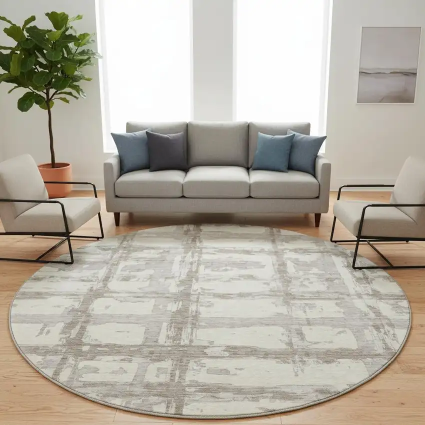 8' Beige And Taupe Striped Washable Round Rug With UV Protection Photo 2