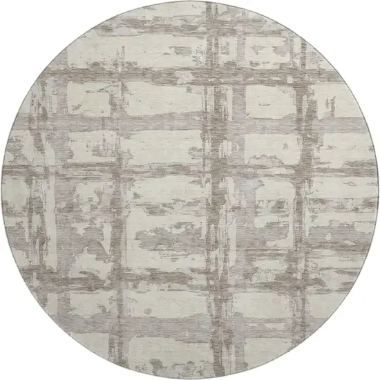 8' Beige And Taupe Striped Washable Round Rug With UV Protection Photo 1