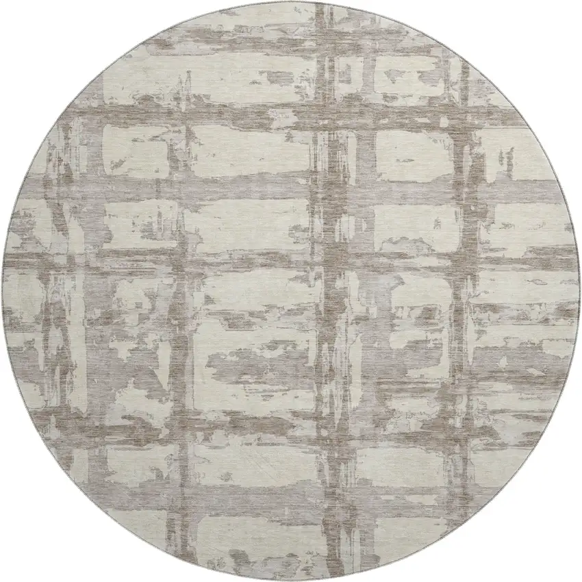 8' Beige And Taupe Striped Washable Round Rug With UV Protection Photo 1