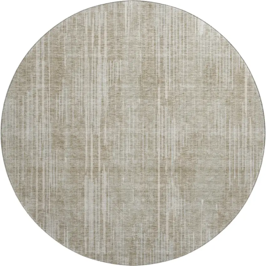 8' Beige And Taupe Striped Washable Round Rug With UV Protection Photo 1