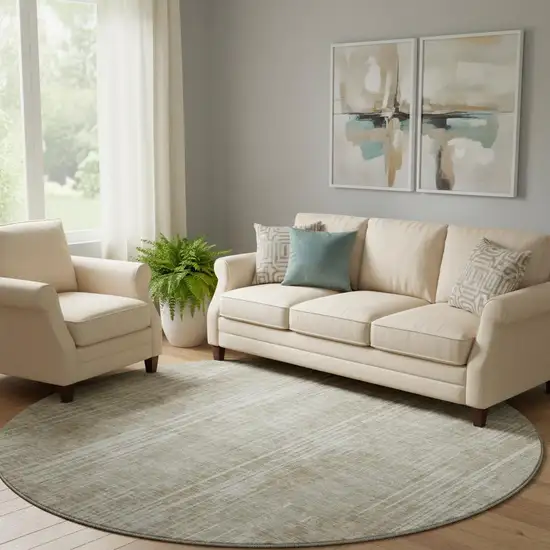 8' Beige And Taupe Striped Washable Round Rug With UV Protection Photo 1