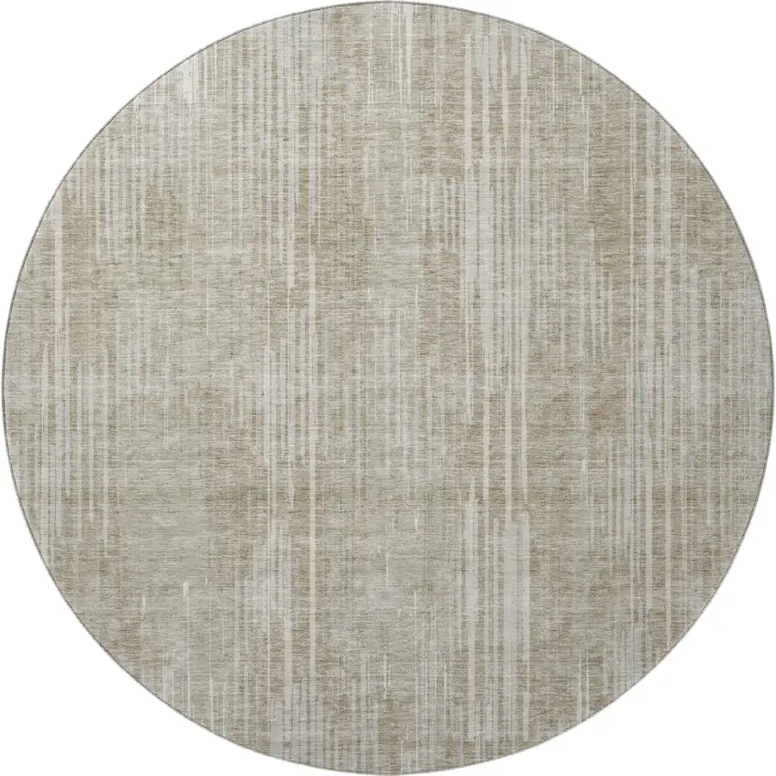 8' Beige And Taupe Striped Washable Round Rug With UV Protection Photo 4