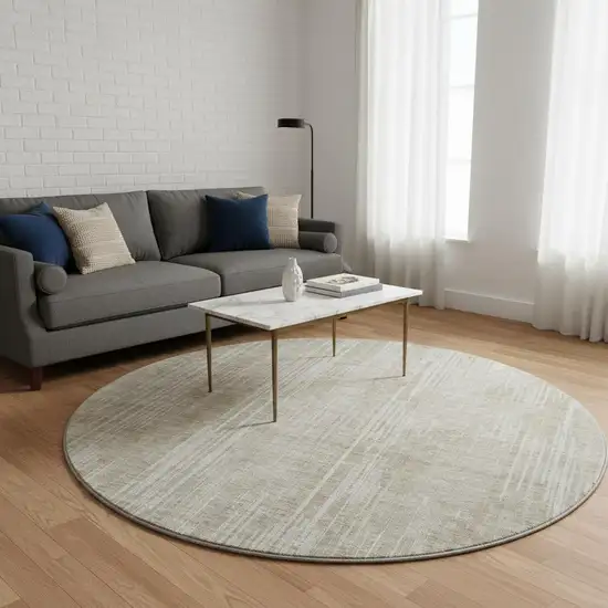 8' Beige And Taupe Striped Washable Round Rug With UV Protection Photo 2