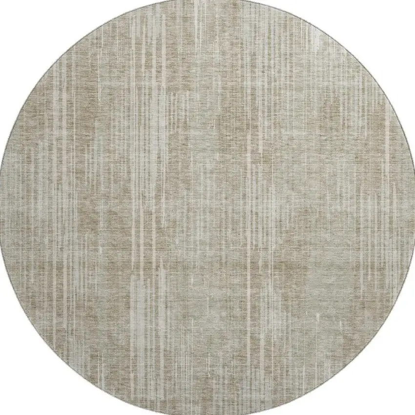 8' Beige And Taupe Striped Washable Round Rug With UV Protection Photo 3