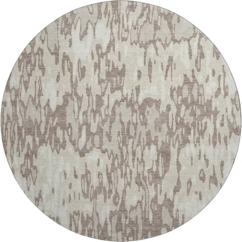 8' Beige And Taupe Striped Washable Round Rug With UV Protection Photo 1