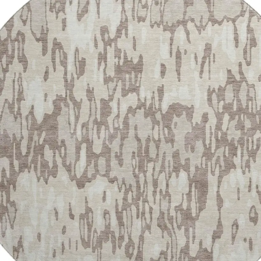 8' Beige And Taupe Striped Washable Round Rug With UV Protection Photo 2