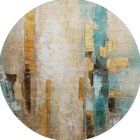 8' Beige And Teal Abstract Washable Round Rug With UV Protection Photo 4
