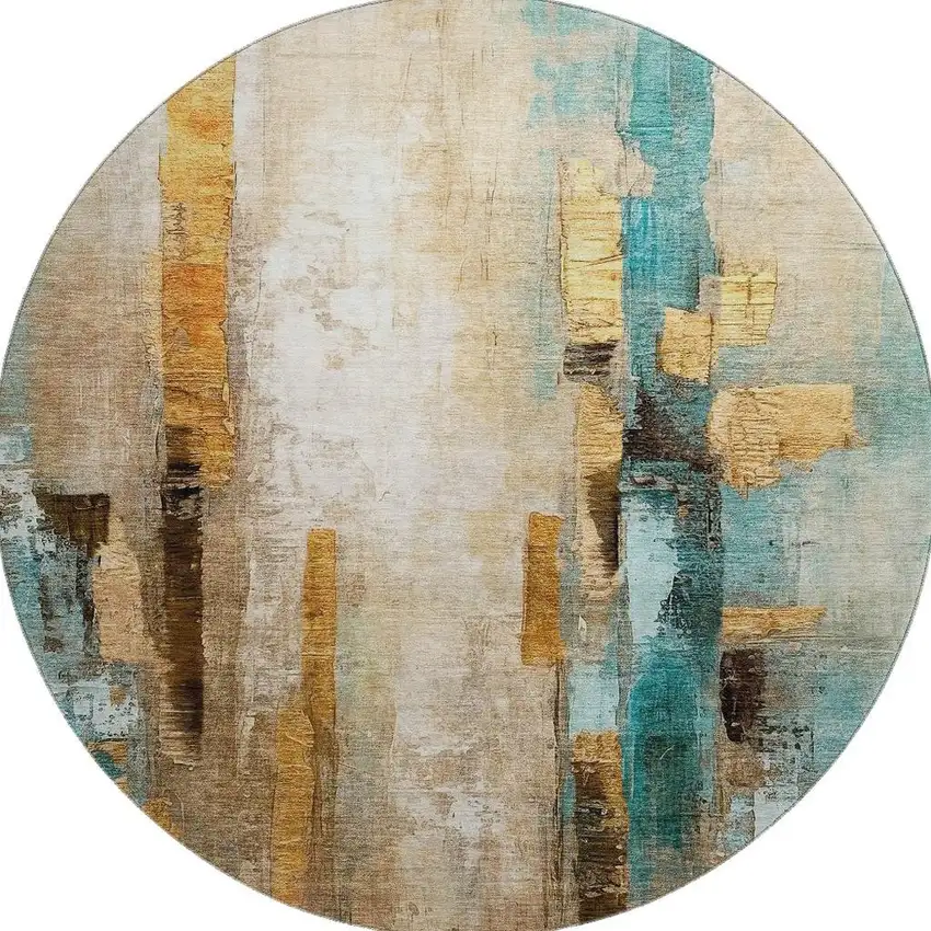 8' Beige And Teal Abstract Washable Round Rug With UV Protection Photo 4