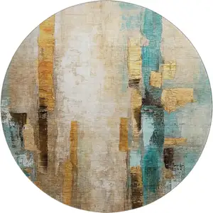 Photo of 8' Beige And Teal Abstract Washable Round Rug With UV Protection