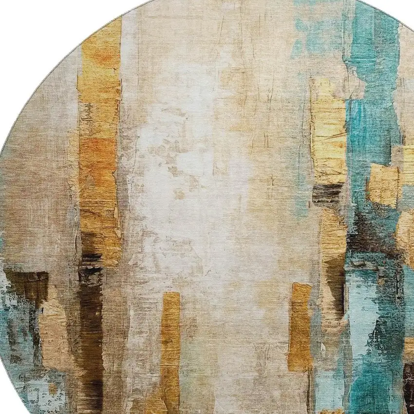 8' Beige And Teal Abstract Washable Round Rug With UV Protection Photo 3
