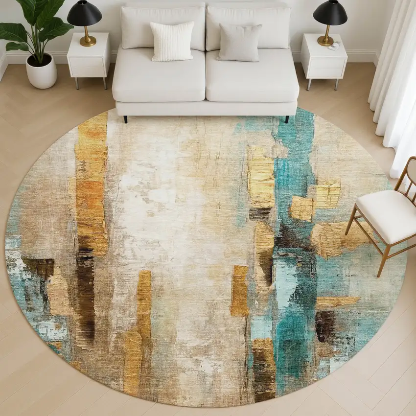 8' Beige And Teal Abstract Washable Round Rug With UV Protection Photo 5