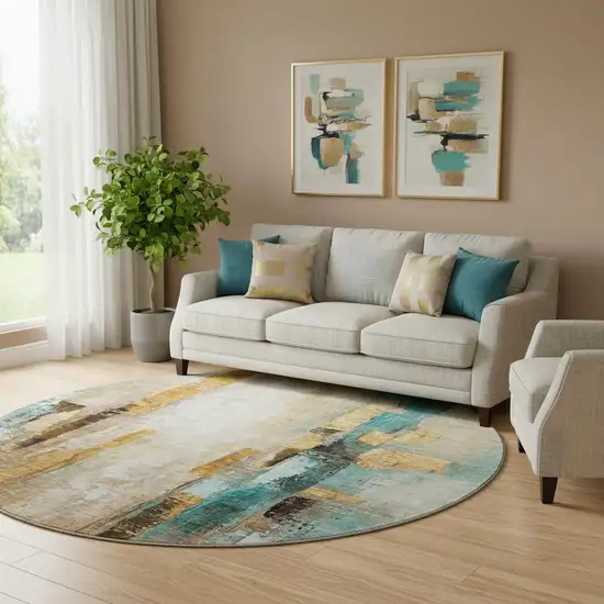 8' Beige And Teal Abstract Washable Round Rug With UV Protection Photo 2