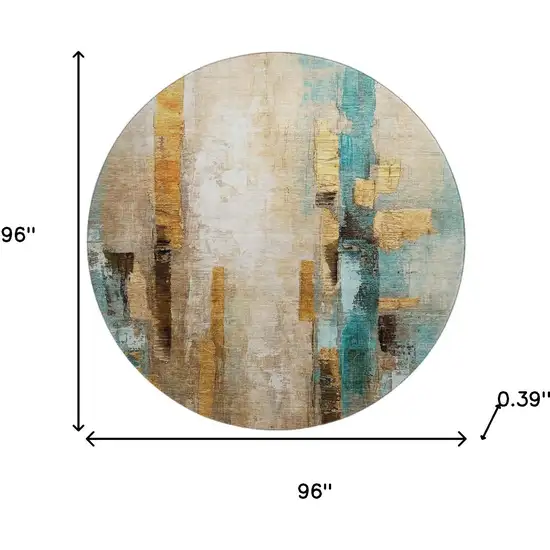 8' Beige And Teal Abstract Washable Round Rug With UV Protection Photo 8