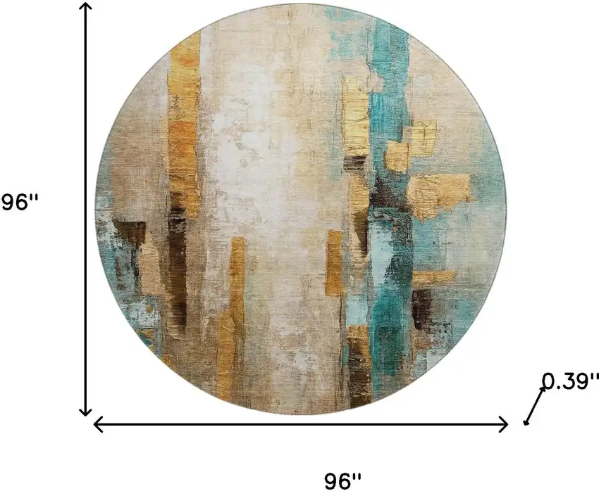 8' Beige And Teal Abstract Washable Round Rug With UV Protection Photo 8