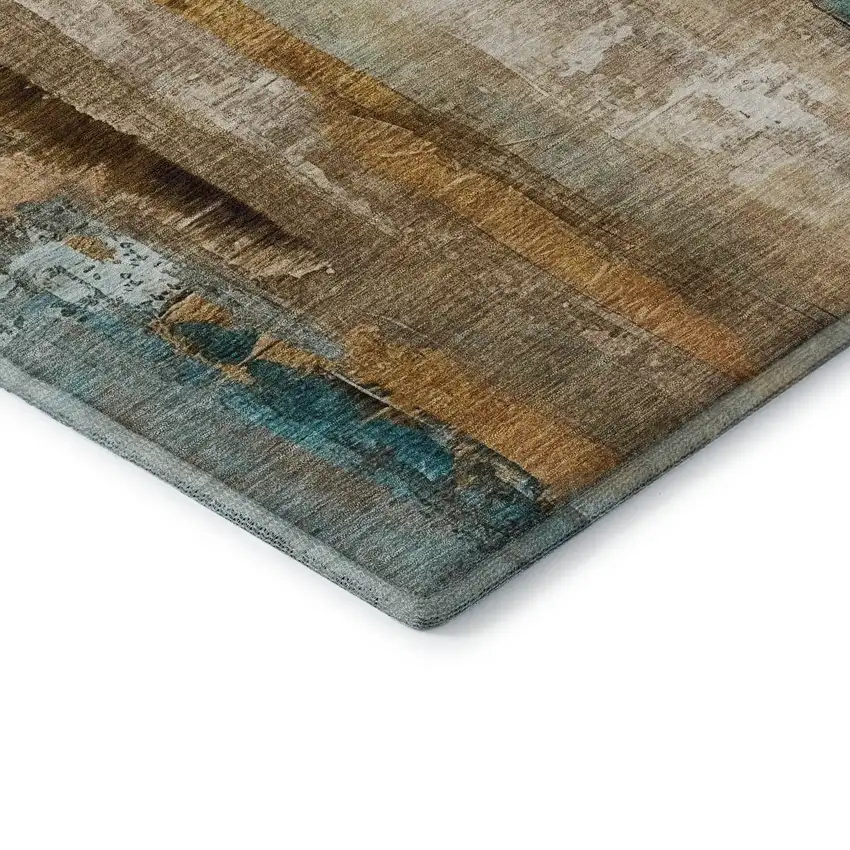 8' Beige And Teal Abstract Washable Round Rug With UV Protection Photo 6