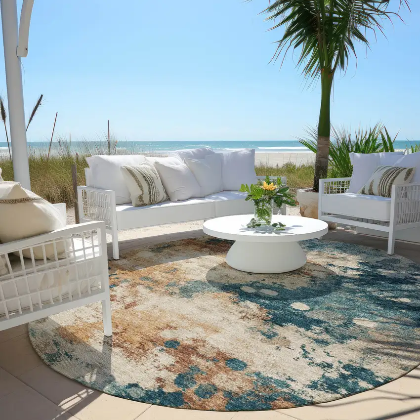 8' Beige And Teal Blue Round Abstract Washable Indoor Outdoor Area Rug Photo 5