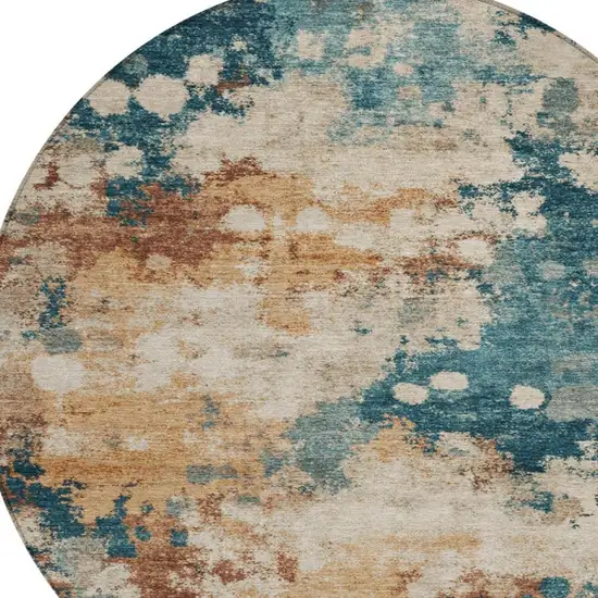8' Beige And Teal Blue Round Abstract Washable Indoor Outdoor Area Rug Photo 4