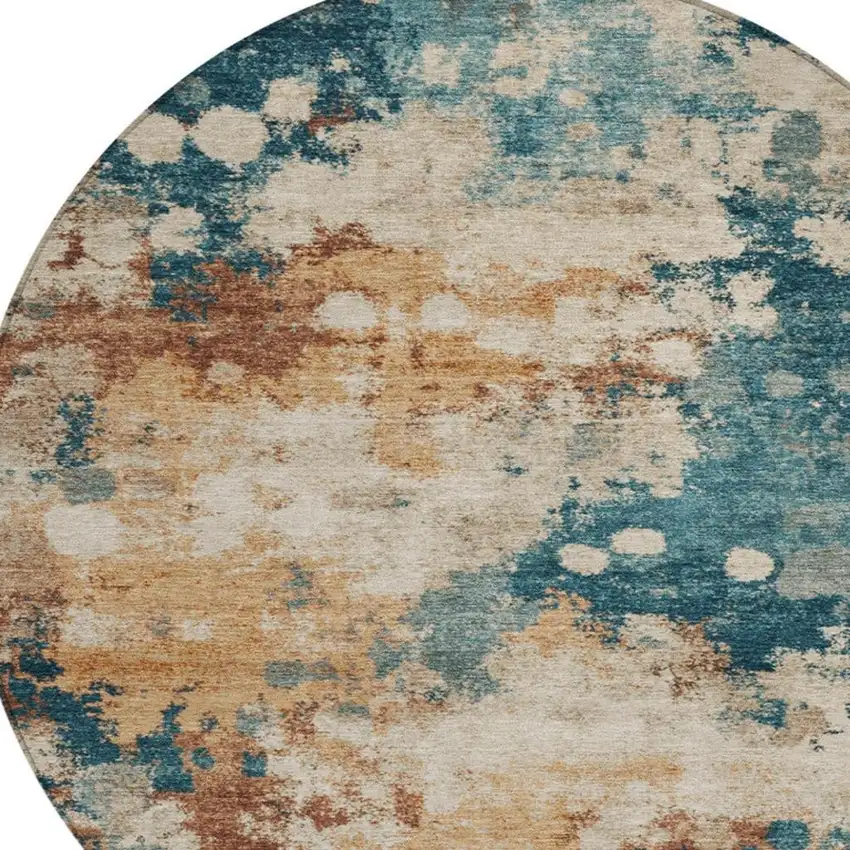 8' Beige And Teal Blue Round Abstract Washable Indoor Outdoor Area Rug Photo 4