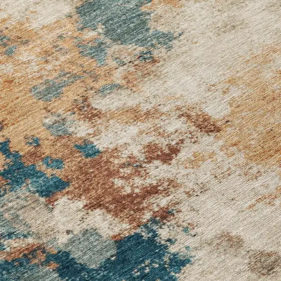 8' Beige And Teal Blue Round Abstract Washable Indoor Outdoor Area Rug Photo 8