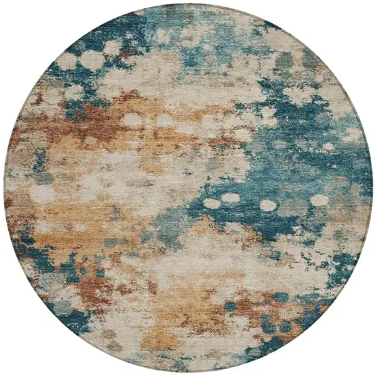 8' Beige And Teal Blue Round Abstract Washable Indoor Outdoor Area Rug Photo 3