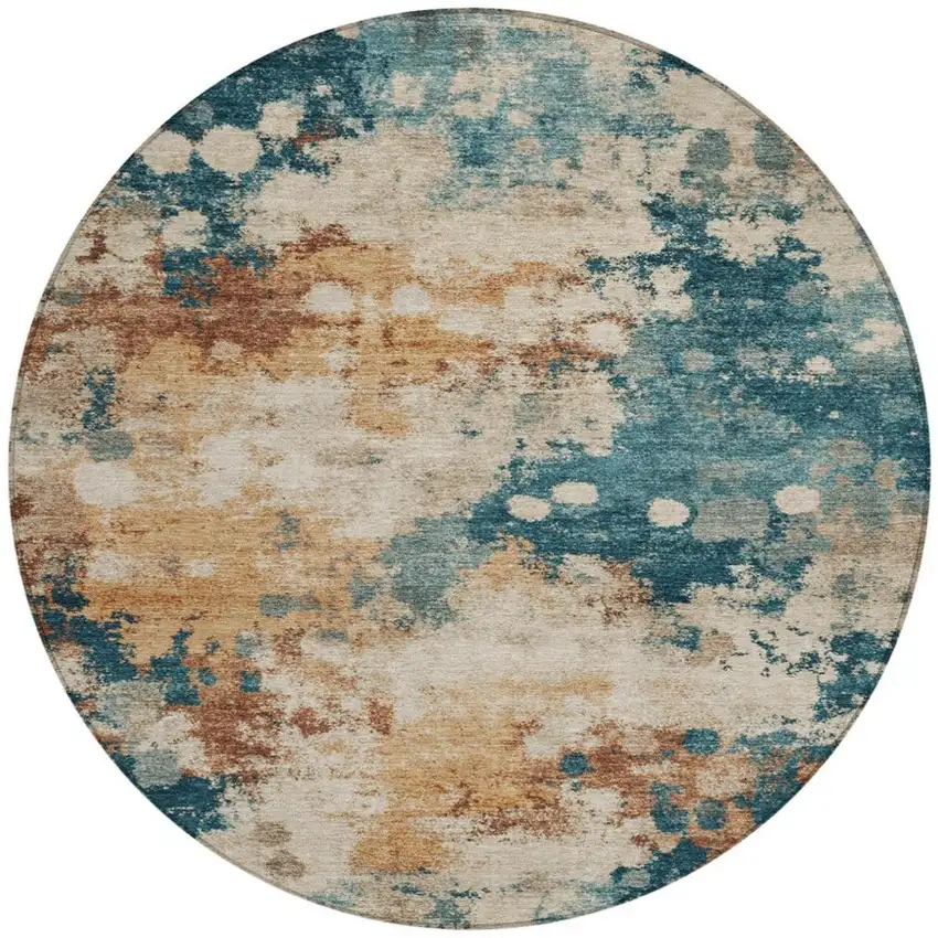 8' Beige And Teal Blue Round Abstract Washable Indoor Outdoor Area Rug Photo 3