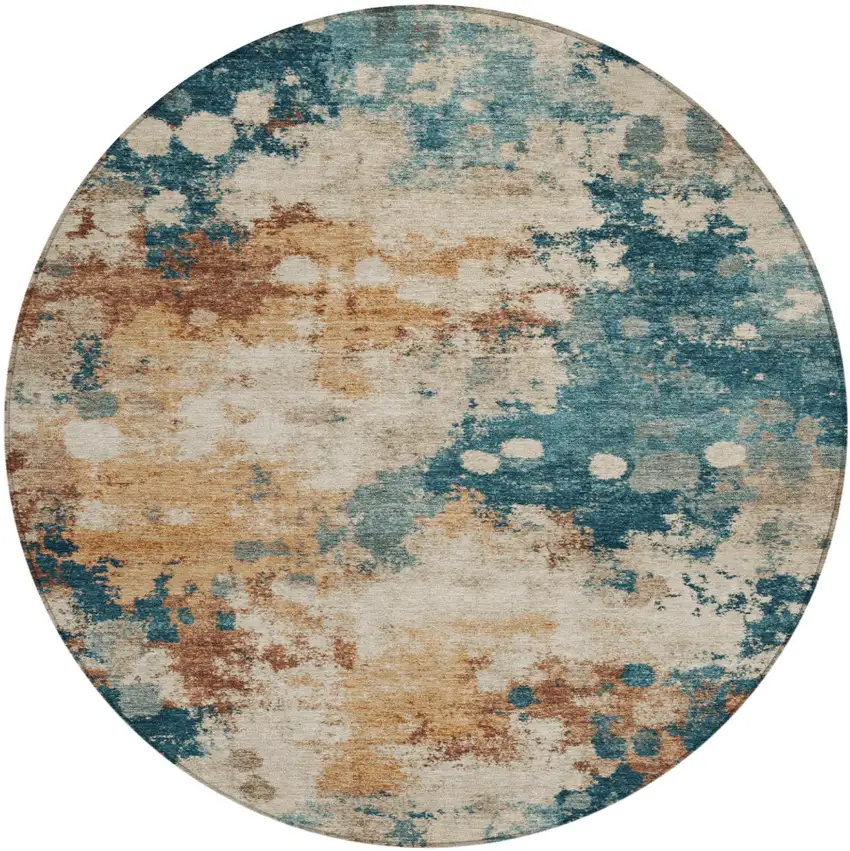 8' Beige And Teal Blue Round Abstract Washable Indoor Outdoor Area Rug Photo 1