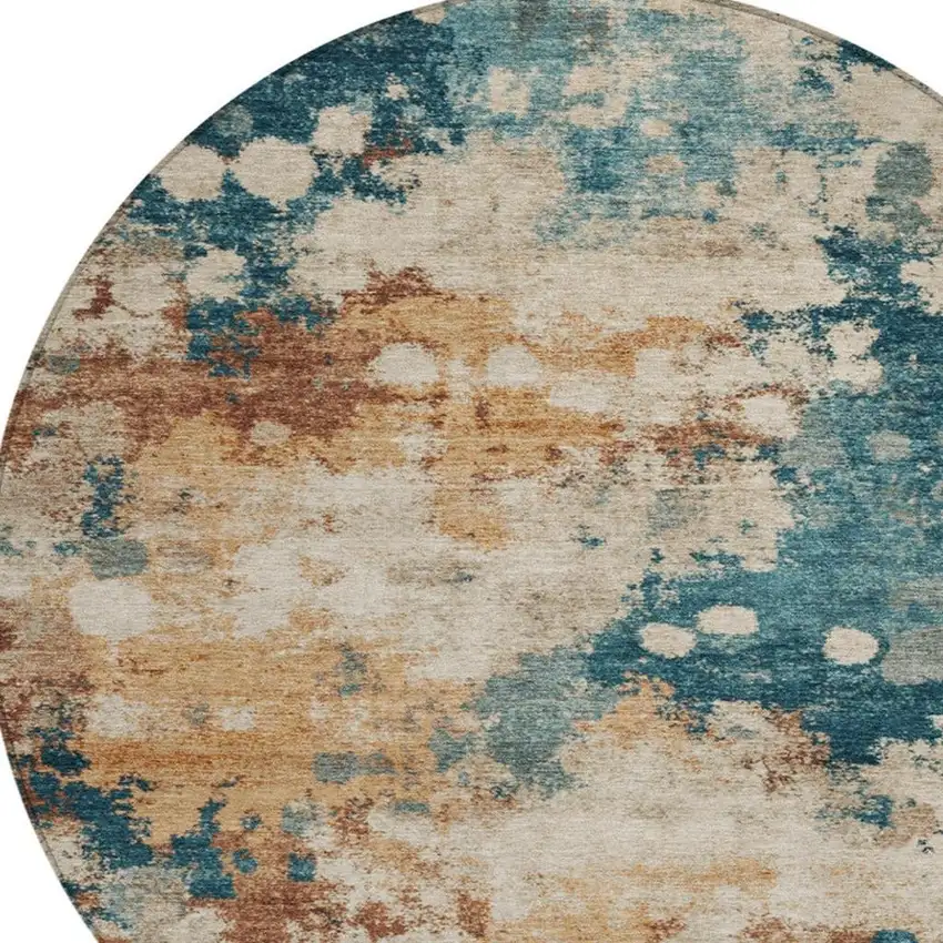 8' Beige And Teal Blue Round Abstract Washable Indoor Outdoor Area Rug Photo 9