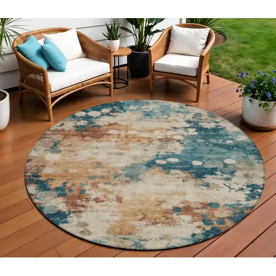 8' Beige And Teal Blue Round Abstract Washable Indoor Outdoor Area Rug Photo 2
