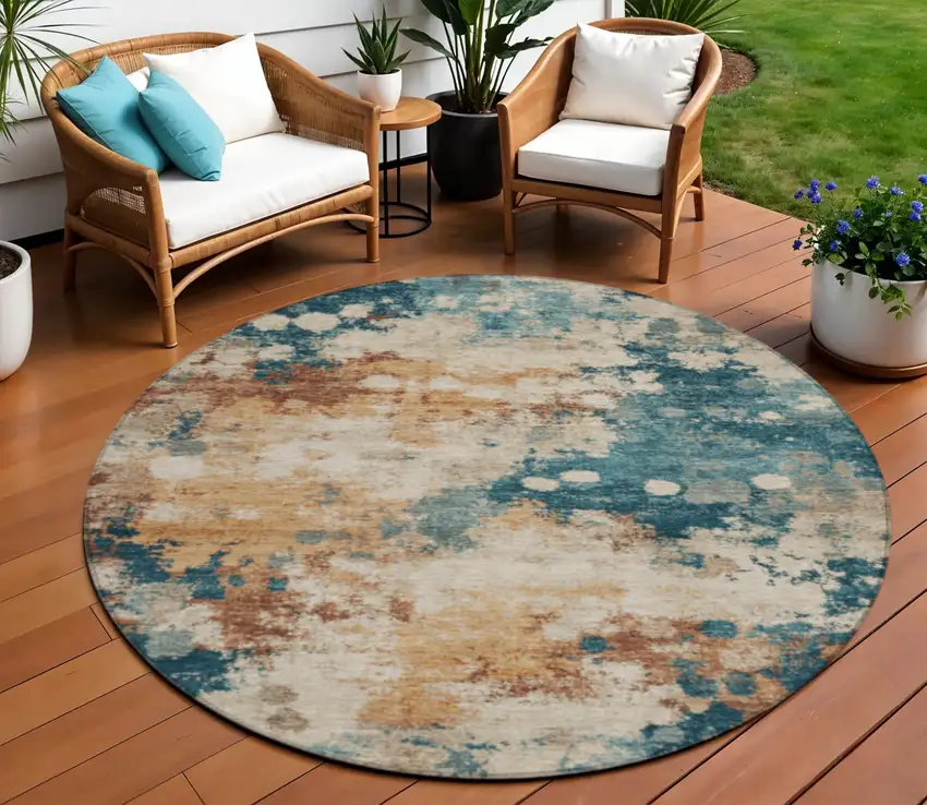 8' Beige And Teal Blue Round Abstract Washable Indoor Outdoor Area Rug Photo 2