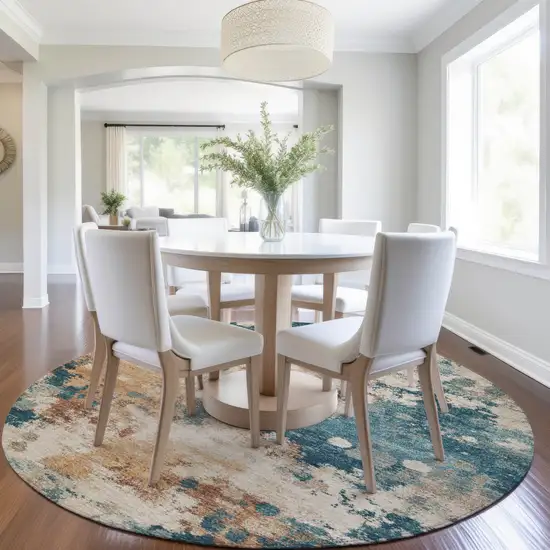 8' Beige And Teal Blue Round Abstract Washable Indoor Outdoor Area Rug Photo 6