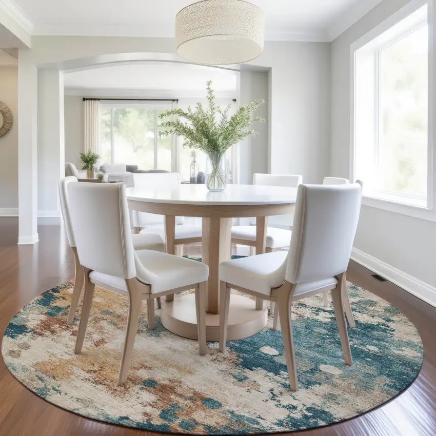 8' Beige And Teal Blue Round Abstract Washable Indoor Outdoor Area Rug Photo 6