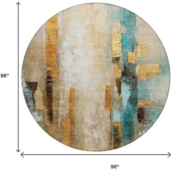 8' Beige And Teal Blue Round Abstract Washable Indoor Outdoor Area Rug Photo 8