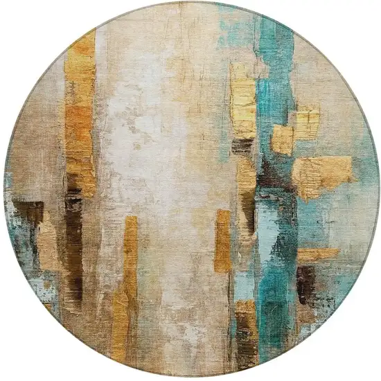 8' Beige And Teal Blue Round Abstract Washable Indoor Outdoor Area Rug Photo 3