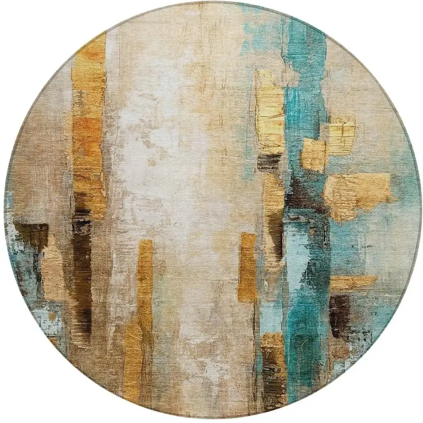 8' Beige And Teal Blue Round Abstract Washable Indoor Outdoor Area Rug Photo 3