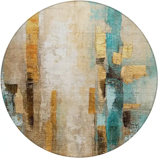 8' Beige And Teal Blue Round Abstract Washable Indoor Outdoor Area Rug Photo 1