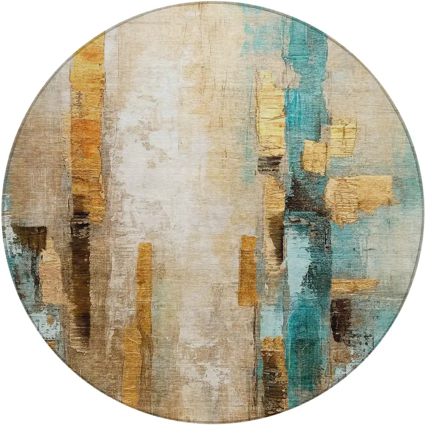 8' Beige And Teal Blue Round Abstract Washable Indoor Outdoor Area Rug Photo 1